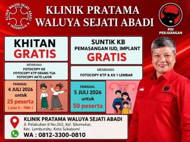 
Sambut Bulan Bung Karno 2026, PDI Perjuangan Kolaborasi Klinik Waluya Sejati Abadi Gelar Sunatan Massal dan Pasang Kontrasepsi Gratis di Sukabumi 