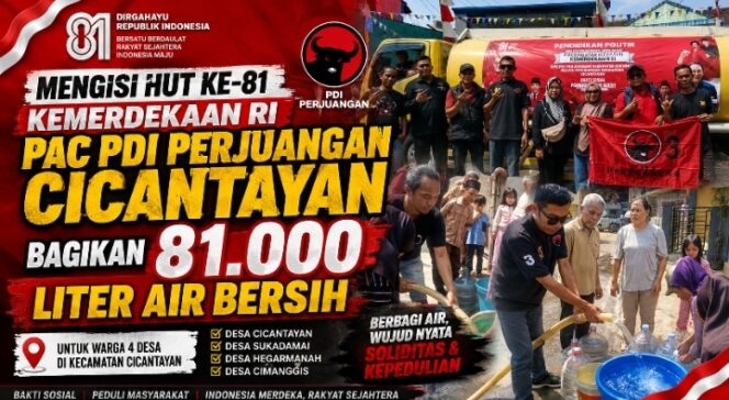 
Mengisi HUT ke-81 Kemerdekaan RI, PAC PDI Perjuangan Cicantayan Bagikan 81.000 Liter Air Bersih ke Warga